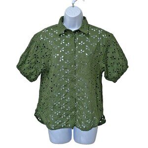 J Crew Spring Garden Eyelet Top Womens Sz 6 Army Green Button Up Peasant Prairie
